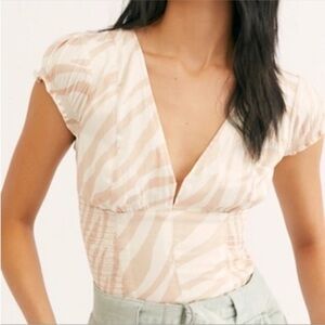 Free People Animal Print Smocked Satin Top Medium